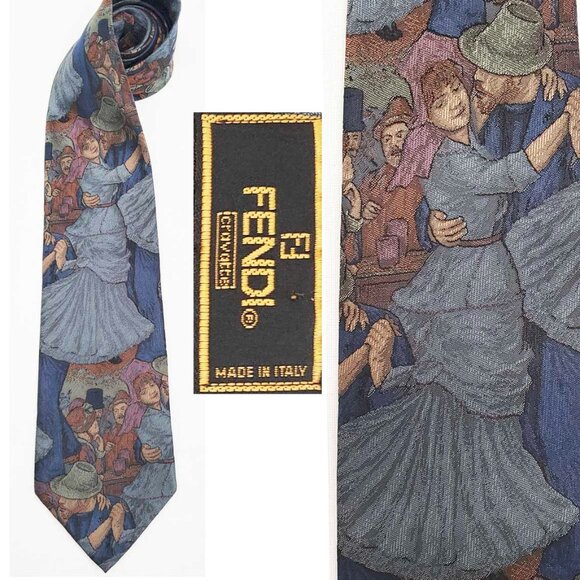 Fendi Mens Vintage Silk Turn of the Century Wearable Art Dancing Woven Neck Tie - Picture 1 of 11